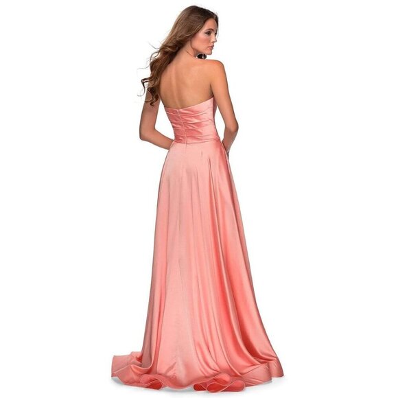 LA FEMME Strapless Slit Satin Ballgown in Peach Size US 0 - Picture 3 of 9